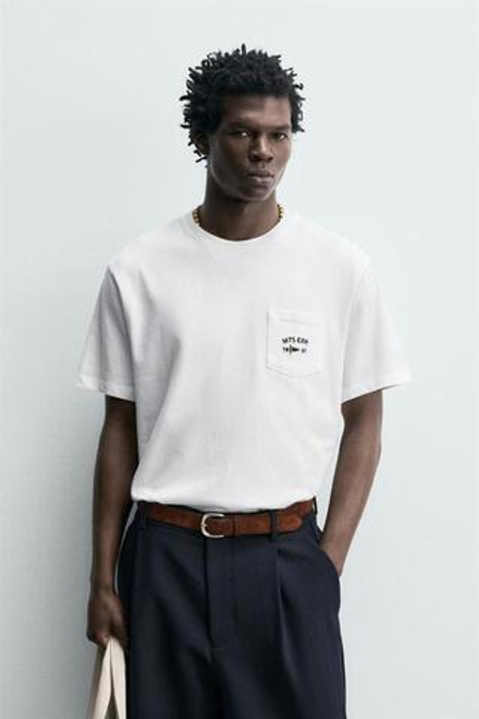 ZARA ФУТБОЛКА С МОРСКОЙ ВЫШИВКОЙ, ЖЕЛТОВАТО-БЕЛЫЙ