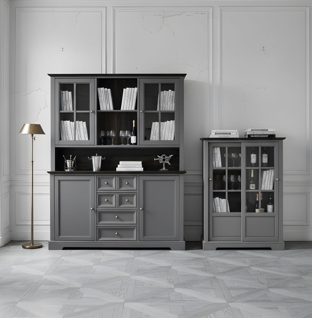 Буфет, 155х41х202, Лэйквью, для кухни и гостиной, деревянный с 4 дверями, из массива дерева, серый, MAKOSA