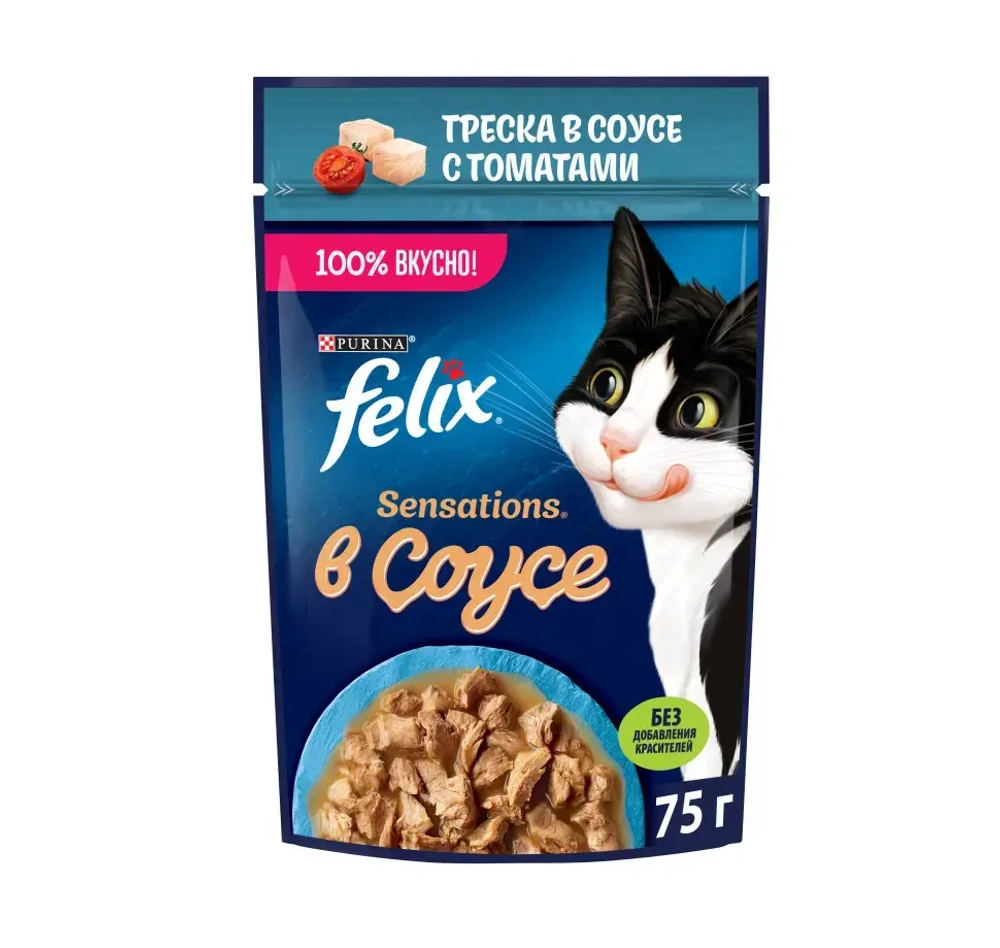 Felix sensations влажный корм в удивительном соусе для кошек, треска с томатами пауч 75 г