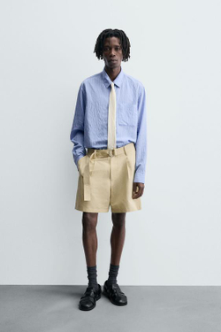 ZARA БЕРМУДЫ ИЗ ХЛОПКА И ЛЬНА С ПОЯСОМ, СВЕТЛО-БЕЖЕВЫЙ