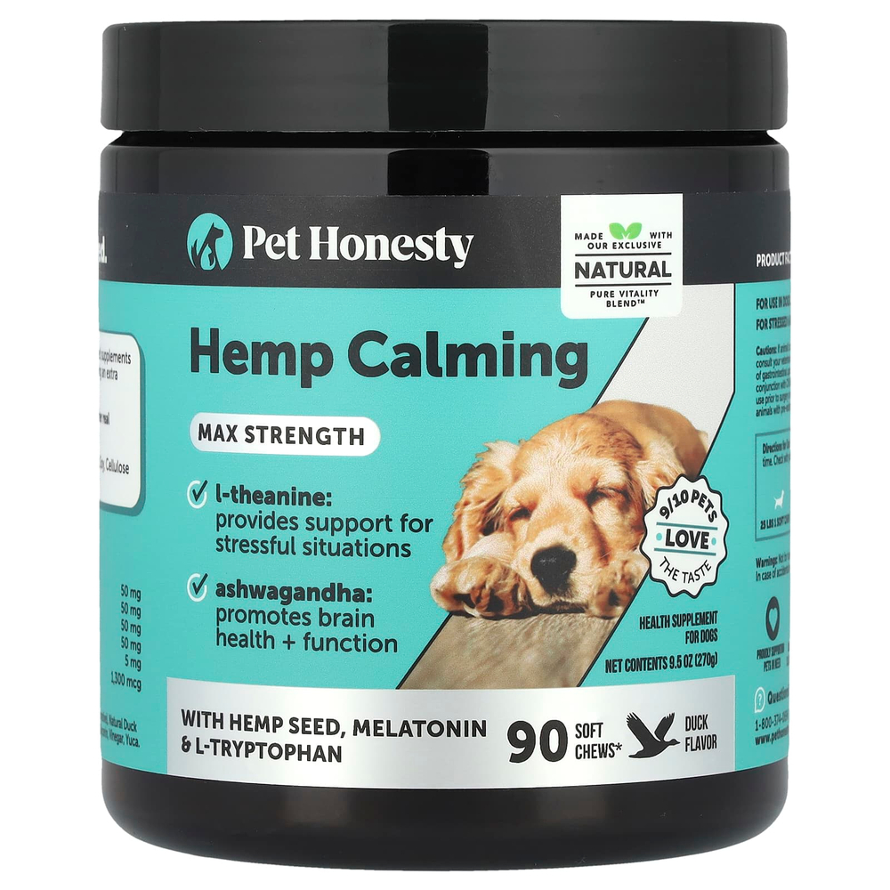 Pet Honesty, Успокаивающая конопля, максимальная сила, для собак, утка, 90 жевательных таблеток, 270 г (9,5 унции)
