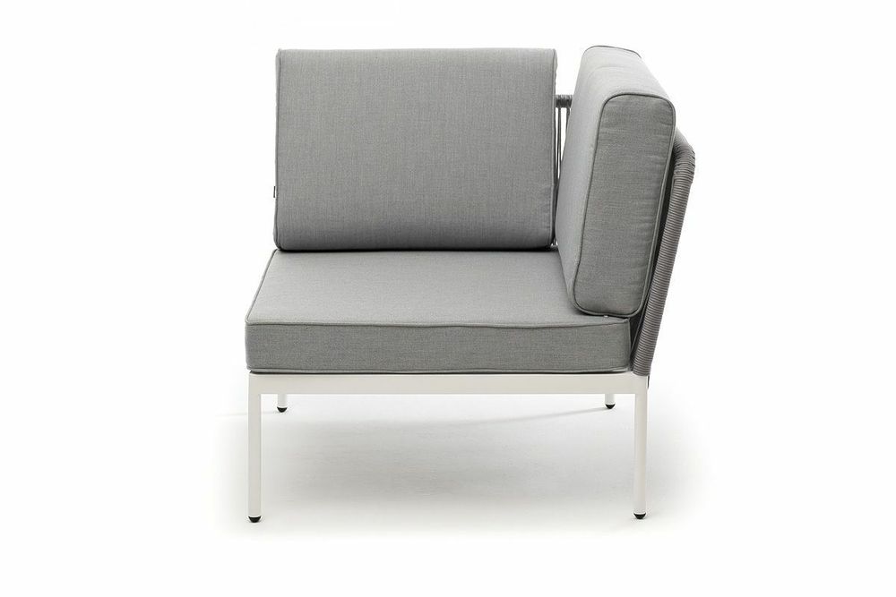 "Канны" угловой модуль плетеный из роупа, каркас алюминий белый шагрень, роуп светло-серый круглый, ткань светло-серая