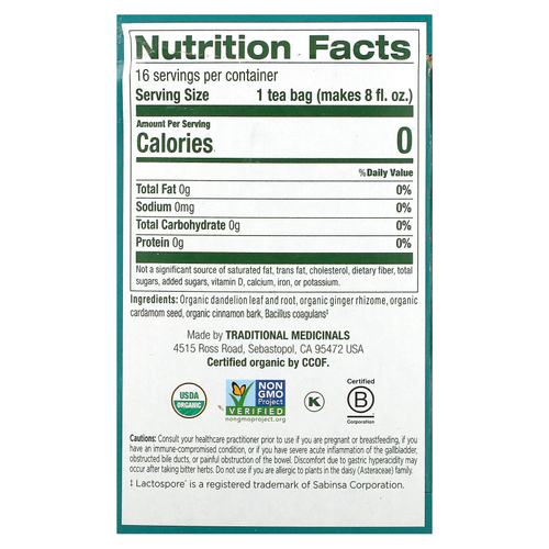 Traditional Medicinals, Organic Dandelion Chai Probiotic, пробиотический чайс одуванчиком, 16 чайных пакетиков, 33,6 г (1,19 унции)
