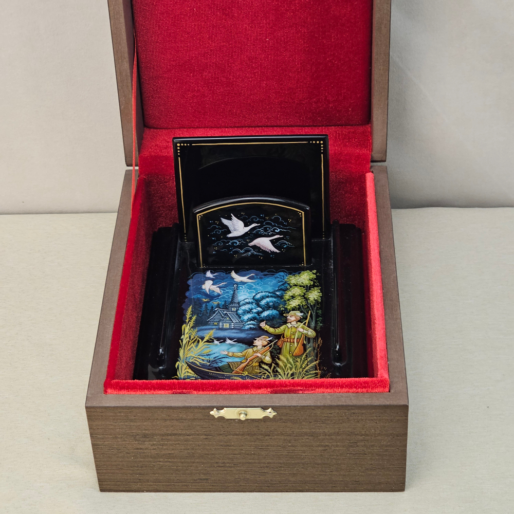 Подставка для блока для записей ручной росписью Палех "Охотник"