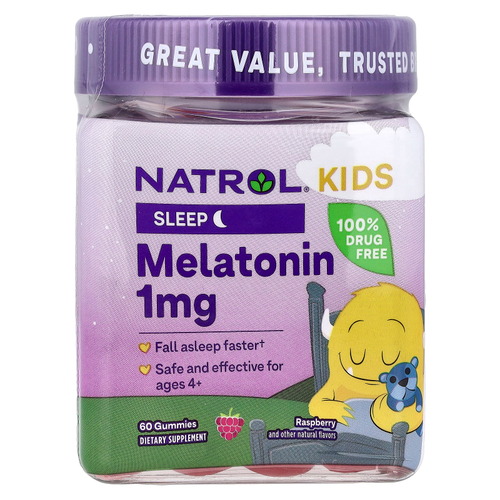 Natrol, Kids, жевательная добавка с мелатонином, для детей от 4 лет, с малиновым вкусом, 1 мг, 60 жевательных таблеток