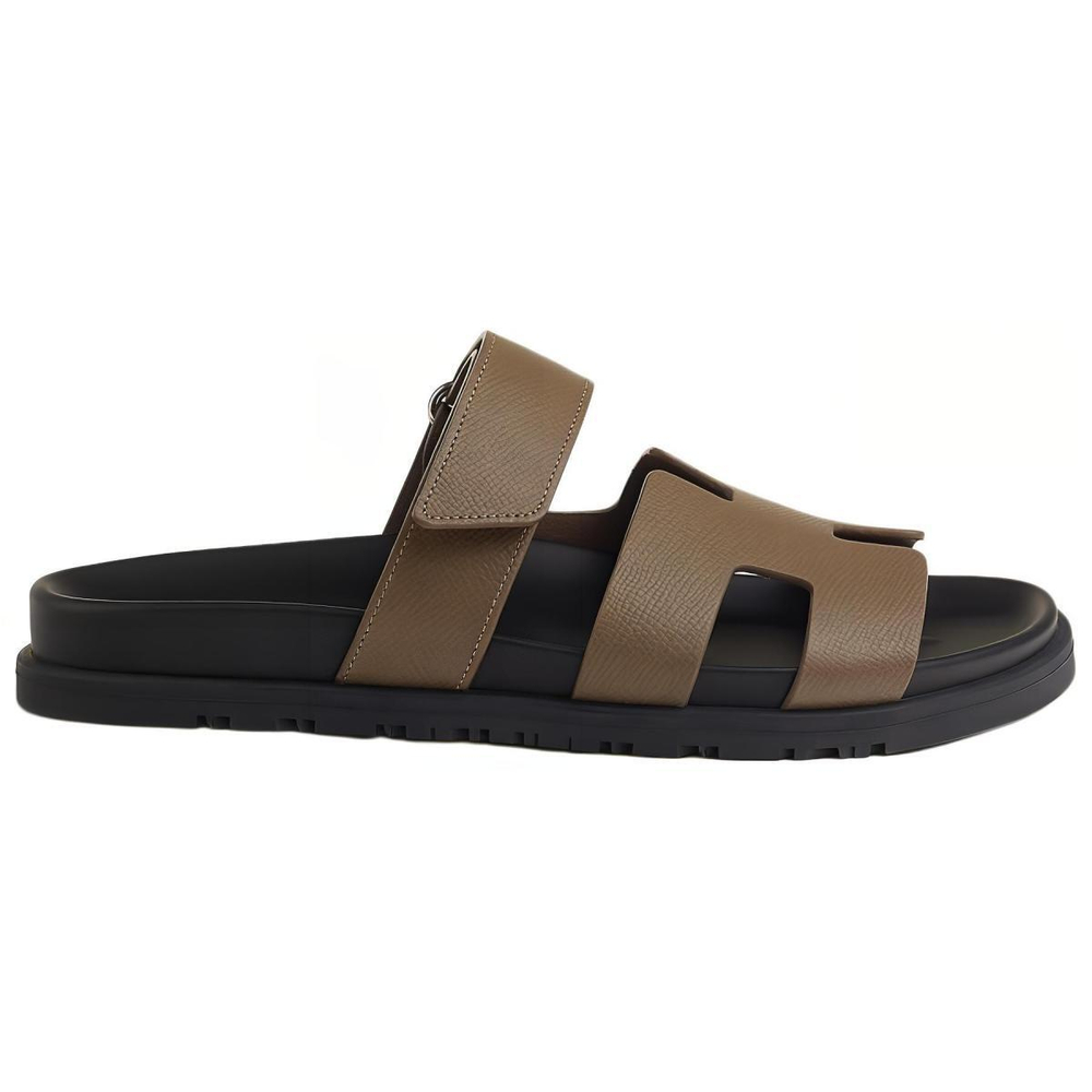 Hermes Chypre Calfskin Round Toe Open Toe Slippers Women's Brown, H231295Z X33