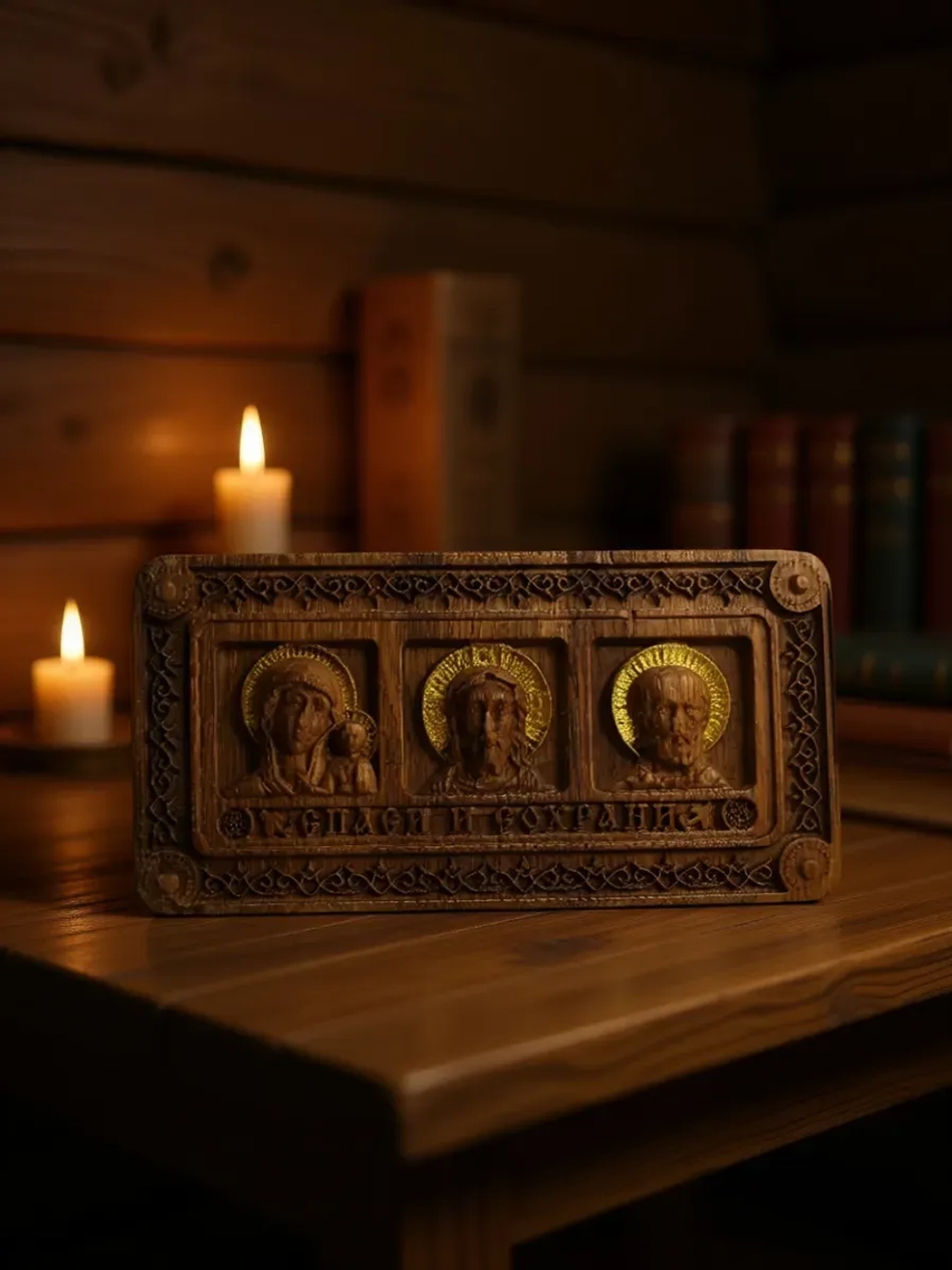 Авто икона триптих освященная резная из массива дуба.