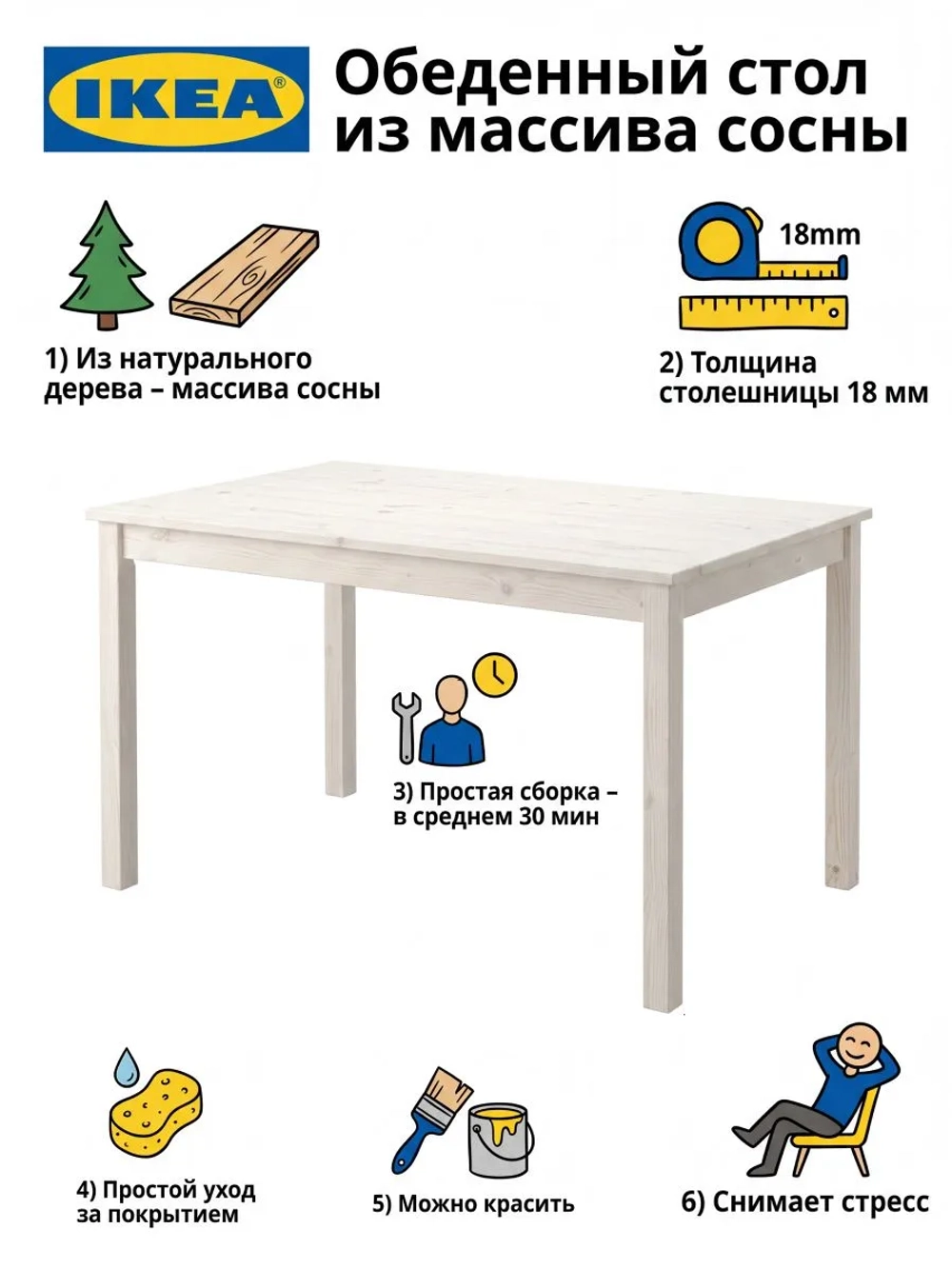 Стол кухонный, 115х75х73, Инго, обеденный, компьютерный, из массива дерева, белый, IKEA
