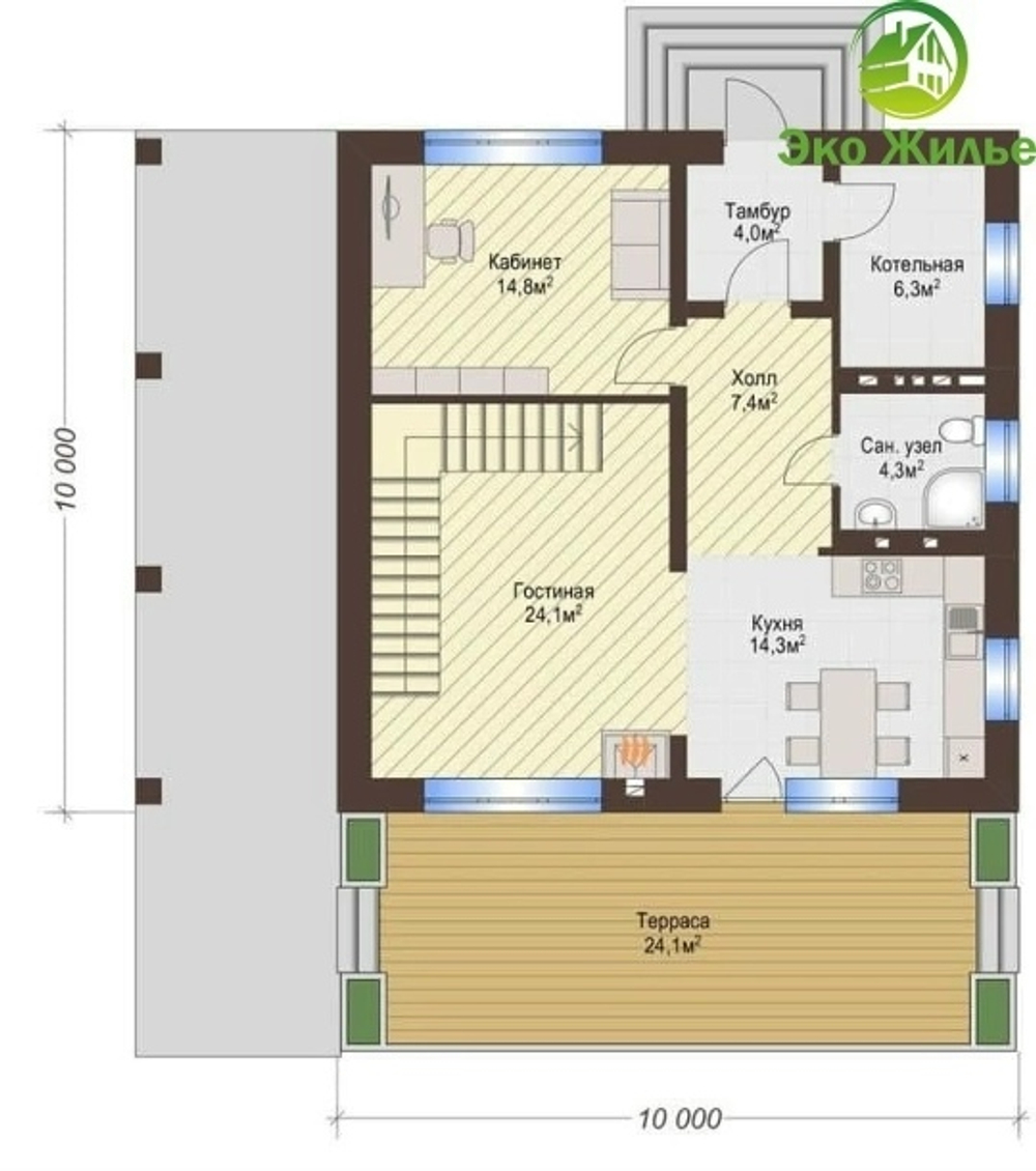 Двухэтажный Дом с навесом для машины 164 кв. м К-84