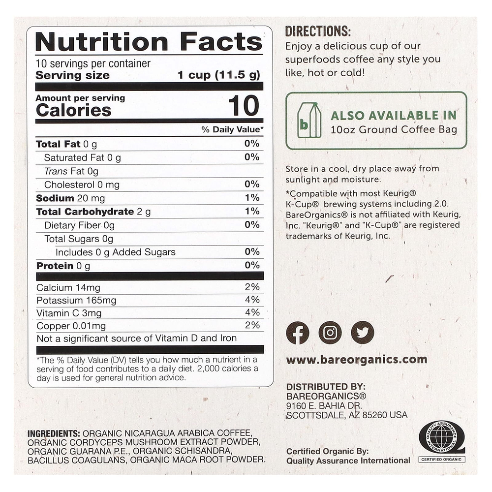 BareOrganics, Energizing, кофе с суперфудами, средней обжарки, 10 чашек по 11,5 г (0,41 унции)