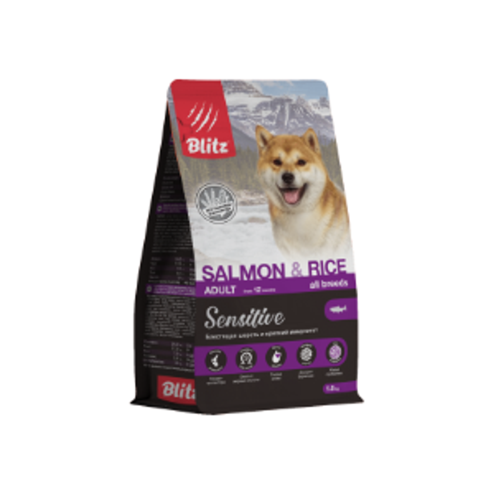 Сухой корм для взрослых собак всех пород Blitz Adult SALMON & RICE Sensitive лосось и рис, 1,8 кг
