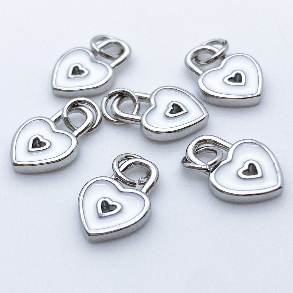 Подвеска Замочек Сердце, цвет серебро+белый, размер 12*9 мм, цена за 1 шт