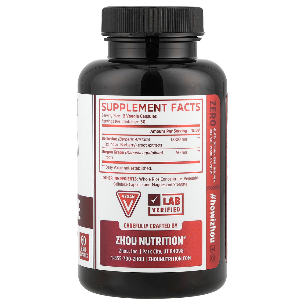 Zhou Nutrition, берберин с магонией падуболистной, 1000 мг, 60 растительных капсул (500 мг в 1 капсуле)