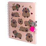 Блокнот в футляре, 19,5 см * 22 см, гребень, Alingar, ламин, ручка, замочек, клетка, 46 л., "Капибара-музыкант", персиковый