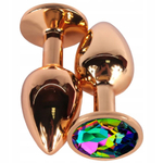 Золотистая гладкая анальная пробка с разноцветным кристаллом - 6,8 см. (Цвет: разноцветный)