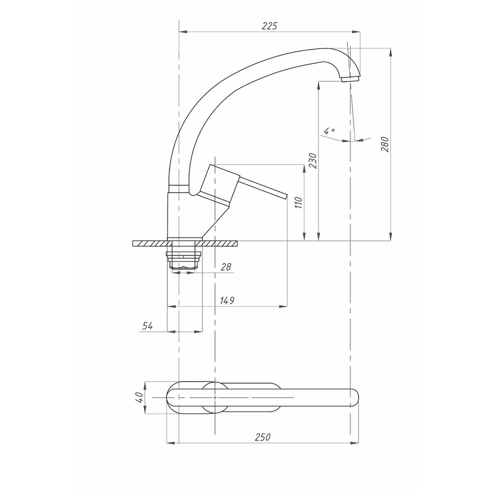 Смеситель для кухни 40к ПРОФСАН ПСМ-335-008 "ПЛЮС"  выс. пов. излив, п/гайку, без подводки, ХРОМ