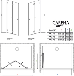 Душевая дверь Radaway Carena DWB 80R 80x195 см. правая, крепится справа, профиль хром, стекло прозрачное 34512-01-08NR схема