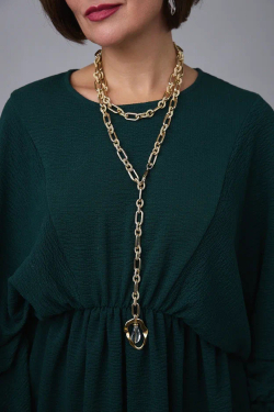 Цепь-трансформер длинная: овальные и рифленые золотые кольца, с горным хрусталем