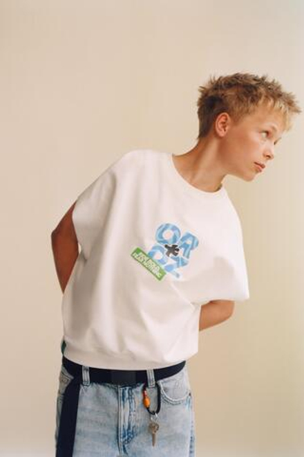 ZARA ФУТБОЛКА С ЛОГОТИПОМ, ЖЕЛТОВАТО-БЕЛЫЙ