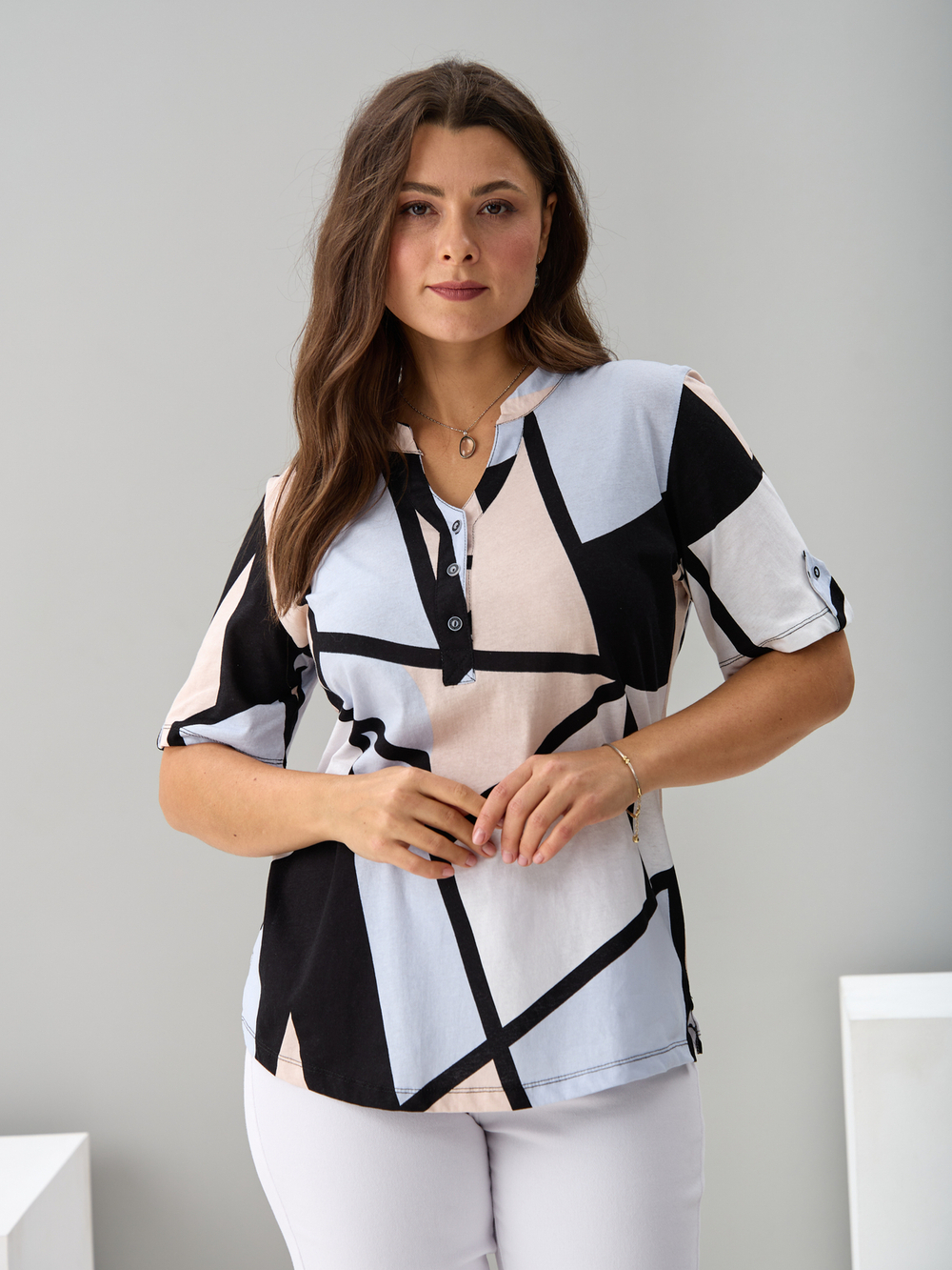 Блузка БЛ-122/геометрия-бежголубая