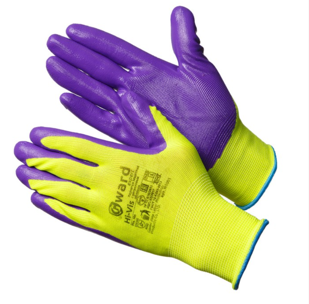 Hi-Vis Перчатки ярко-зеленые нейлоновые с фиолетовым нитрилом покрытием