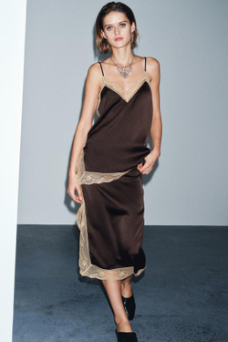 ZARA ЮБКА МИДИ С КРУЖЕВОМ — ZW COLLECTION, КОРИЧНЕВЫЙ