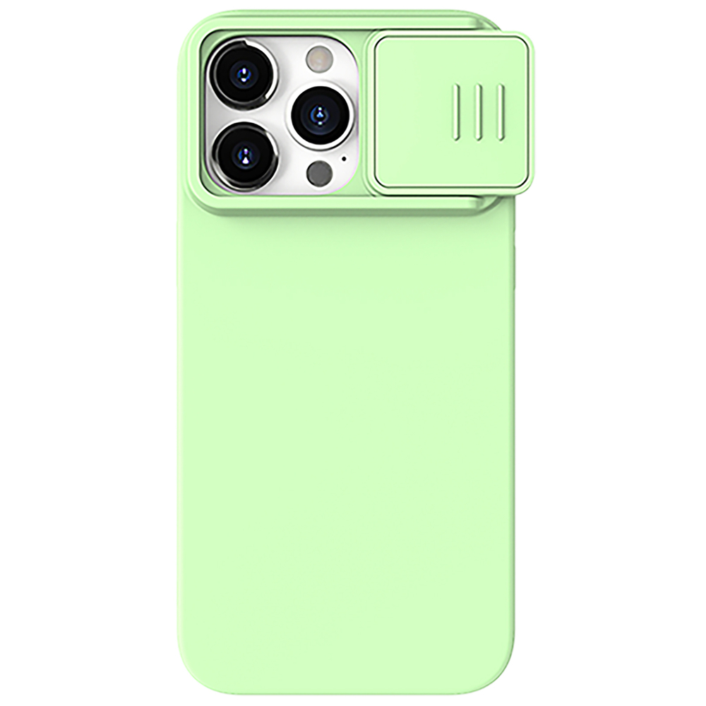 Чехол с MagSafe и с шелковистым покрытием ярко-зеленого цвета (Mint Green) от Nillkin для iPhone 15 Pro Max, серия CamShield Silky Magnetic Silicone Case