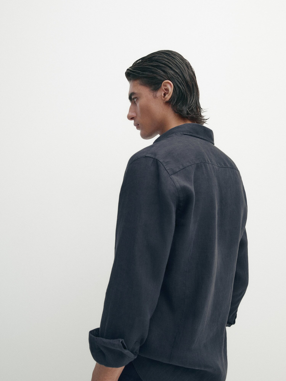 Massimo Dutti 100% льняная приталенная рубашка,  темно-синий