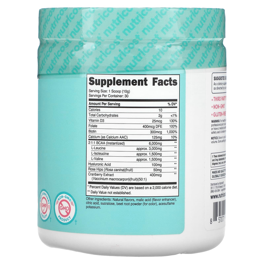 Nutricost, BCAA с гиалуроновой кислотой, фолатом, биотином и кальцием для женщин, со вкусом арбуза, 288 г (10,2 унции)