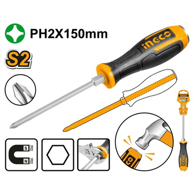 Отвертка крестовая ударная PH2x150мм S2 INGCO HGTS68PH2150 INDUSTRIAL