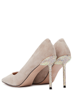 Женские туфли замшевые бежевые на каблуке со стразами