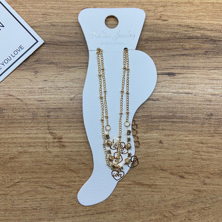 Браслет на ногу цепочка подвески Сердце Love полоса страз металл золотистый