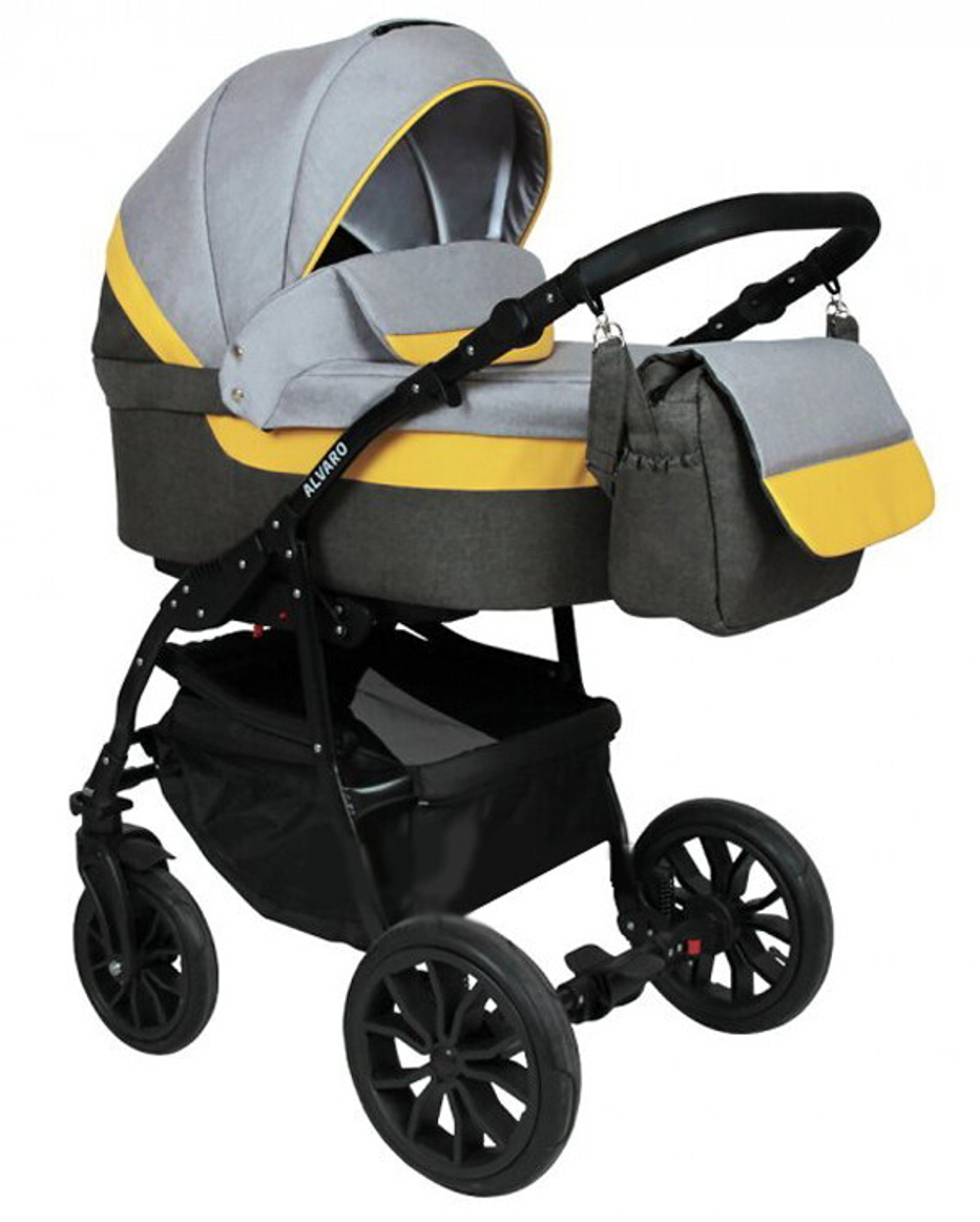 Детская коляска Alis Alvaro F 3 в 1 Al 02 т.серый+св.серый+желтая кожа