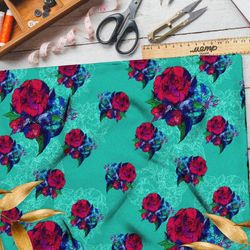 Ткань бифлекс красно-синие цветы на бирюзовом