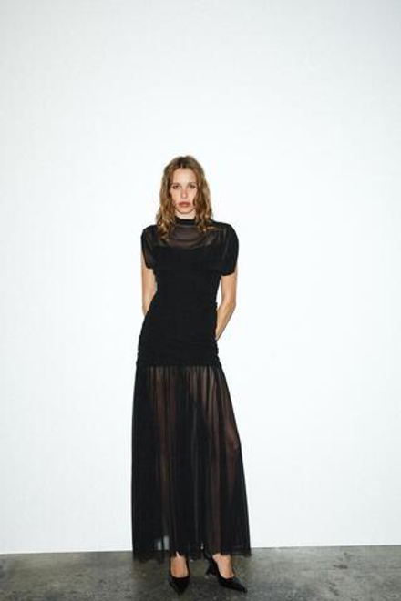 ZARA КОМБИНИРОВАННОЕ ПЛАТЬЕ МИДИ СО СБОРКАМИ, ЧЕРНЫЙ