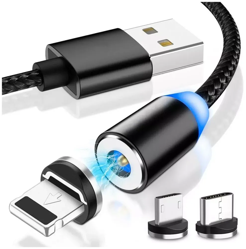 USB cable (3 в 1) micro/lightning/type C магнитный M4 1m 2А тканевый black Diinami