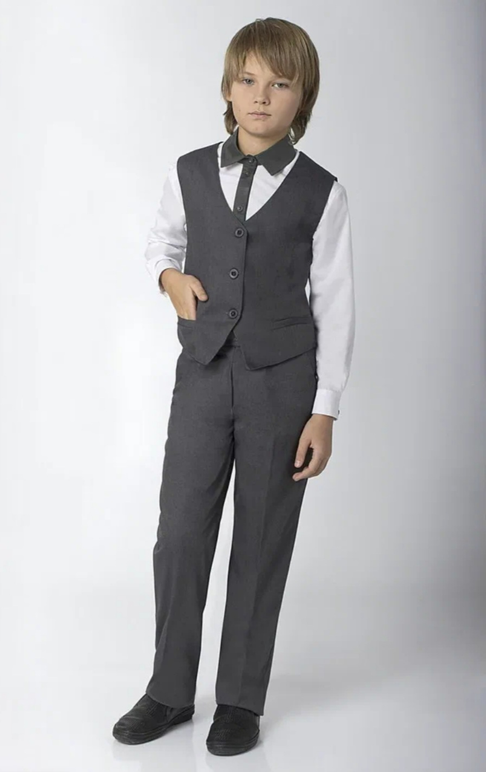Костюм школьный классический строгий официальный жилет брюки со стрелками на пуговицах цвет мокрый асфальт серый размер 152 комплект