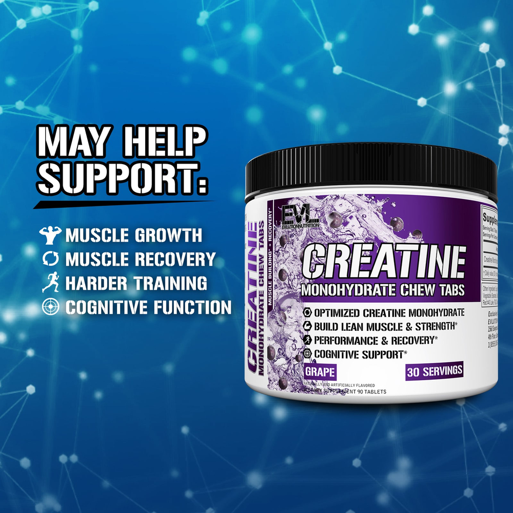 EVLution Nutrition, жевательные таблетки с моногидратом креатина, виноград, 90 таблеток