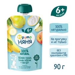 Фрутоняня пауч пюре из яблок,бананов, груш и персиков с йогуртом 90г с 6 месяцев