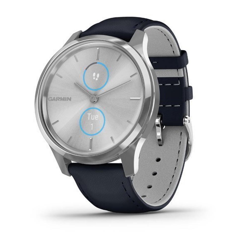 Часы Garmin VIVOMOVE LUXE серебристый с итальянским кожаным темно-синим ремешком