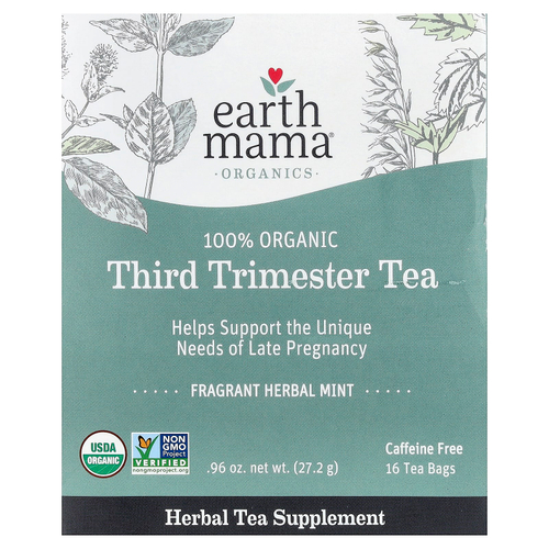 Earth Mama, Organics, 100 органических чаев для третьего триместра, мята, без кофеина, 16 чайных пакетиков, 27,2 г (0,96 унции)