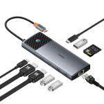 USB-C Хаб Baseus Metal Gleam II 10-in-1 (HDMI4K@120Hz + HDMI4K@60Hz + USB-A3.2(10Gbps) + USB-C3.2(10Gbps) + 2xUSB-A2.0 + RJ45 + SD + TF + USB-C-PD) - Space Grey