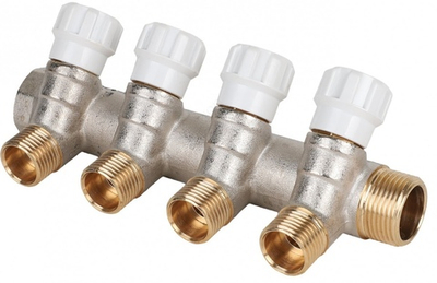 Коллектор латунный с регулирующими вентилями 3/4" x конус 1/2", 4 выхода MVI