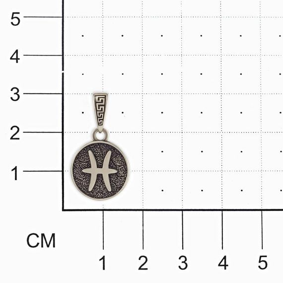 Изображение знака зодиака рыбы из мельхиора на размерной сетке в масштабе.