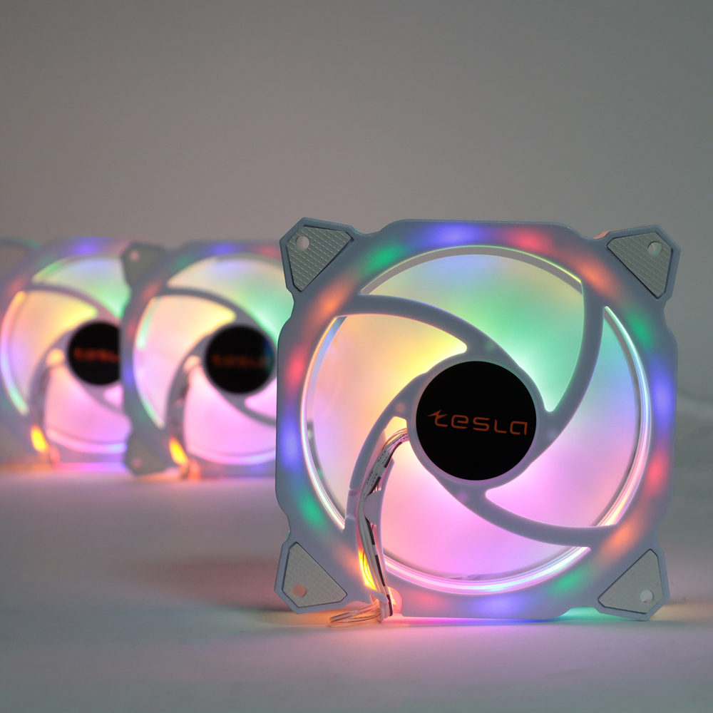 Комплект из 3 вентиляторов TESLA RGB120-RW3, 120мм, 1200rpm, 3-pin+Molex, белый/FRGB, 38CFM, 21дБ, антивибропрокладки (TSL-120-RW3)