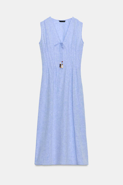 ZARA ЛЬНЯНОЕ ПЛАТЬЕ МИДИ СО СКЛАДКАМИ, СИНИЙ