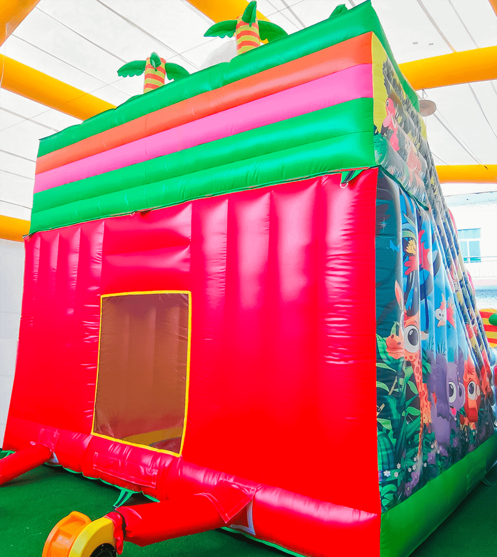 Детский надувной батут-горка "Слоник в джунглях" с прямым скатом 7*5*6 м