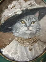 Картина маслом в круглой рамке Кошка