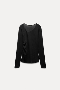 ZARA ТРИКОТАЖНЫЙ ТОП СО СБОРКАМИ ПО БОКАМ, ЧЕРНЫЙ