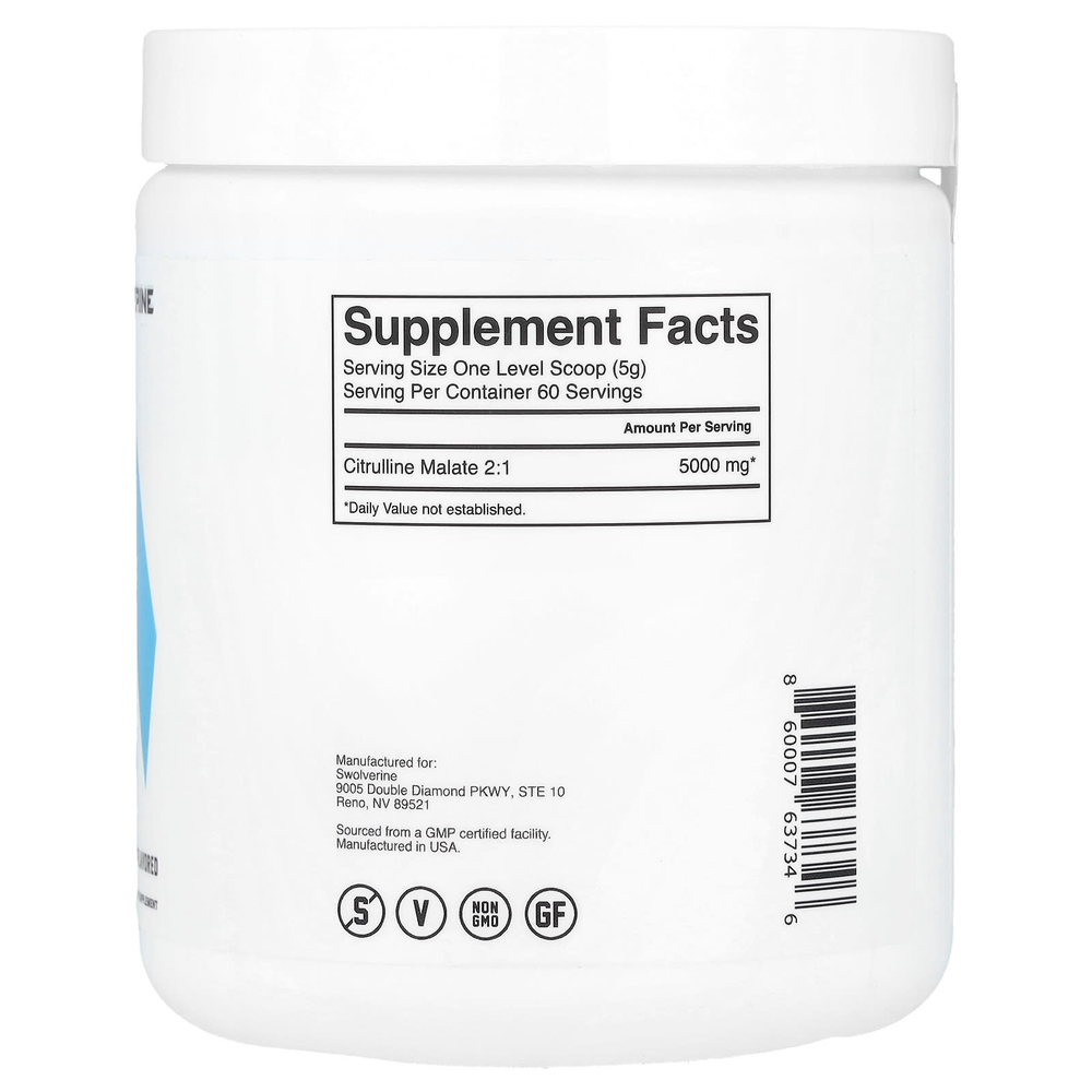 Swolverine, цитруллин малат, без добавок, 300 г (10,58 унции)